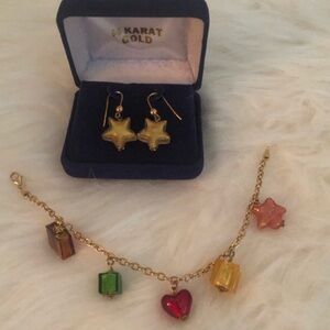 14k gold bracelet and earrings glass